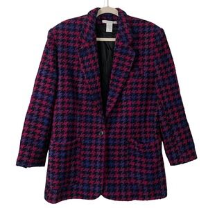 VTG The Limited Sz Medium Made‎ in Italy Wool Blend Houndstooth Blazer Pink Blue